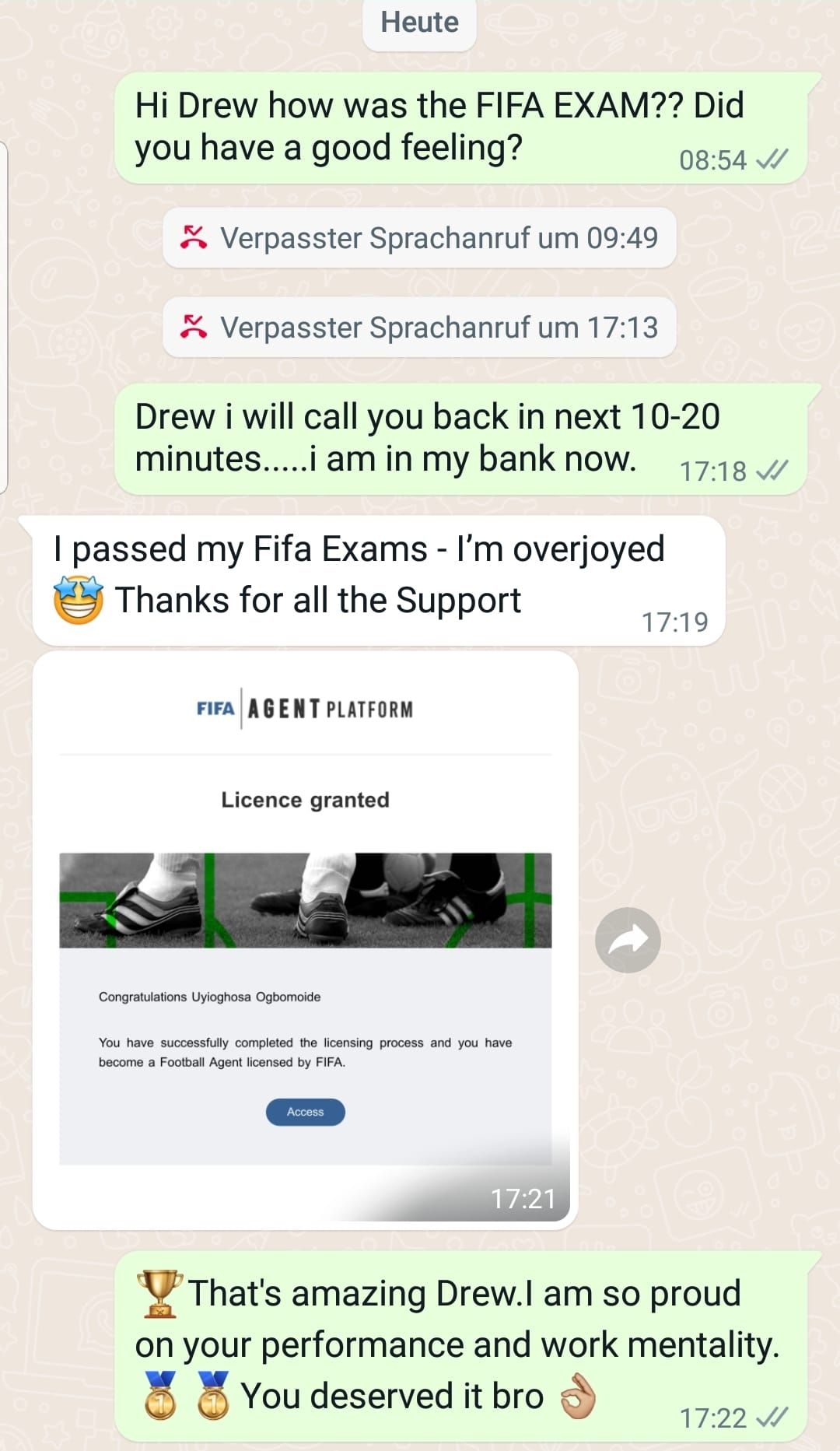 WhatsApp — 'I passed my Fifa Exams – I'm overjoyed'